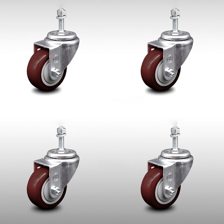 Service Caster 3.5 Inch SS Maroon Polyurethane Wheel Swivel 3/8 Inch Threaded Stem Caster Set SCC-SSTS20S3514-PPUB-MRN-381615-4